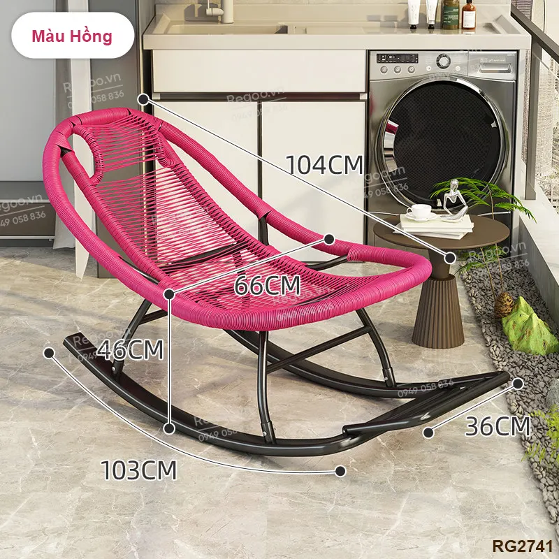 Ghế bập bênh Regoo RG2741, khung kim loại đan mây, bập bênh thư giãn 30°, ghế nằm lười ban công ngủ trưa, ghế rocking chair khung kim loại đan dây cho phòng khách sân vườn