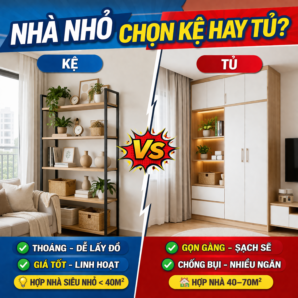 Nhà nhỏ thì nên chọn kệ hay tủ? Cách chọn theo từng khu vực để gọn hơn mà không bí nhà