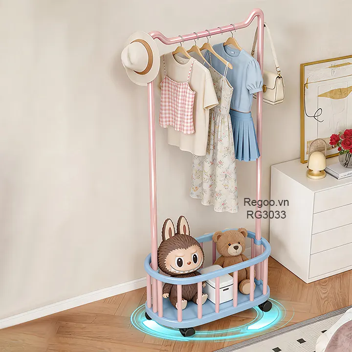 Giá treo quần áo Regoo RG3033 để sàn, có giỏ dưới, bánh xe, size 60/80/100cm