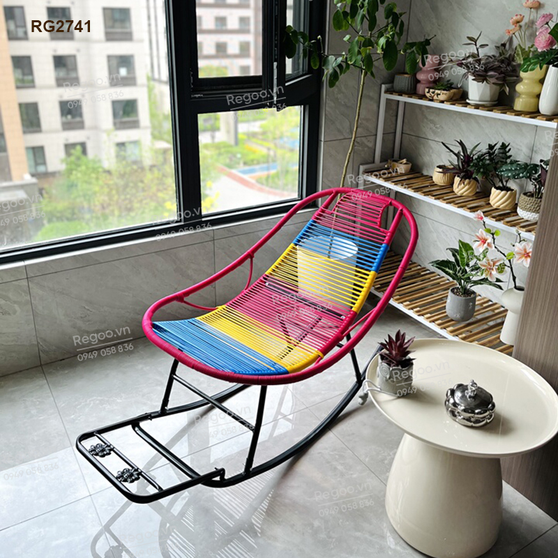 Ghế bập bênh Regoo RG2741, khung kim loại đan mây, bập bênh thư giãn 30°, ghế nằm lười ban công ngủ trưa, ghế rocking chair khung kim loại đan dây cho phòng khách sân vườn