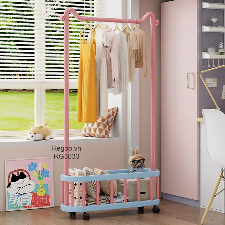 Giá treo quần áo Regoo RG3033 để sàn, có giỏ dưới, bánh xe, size 60/80/100cm
