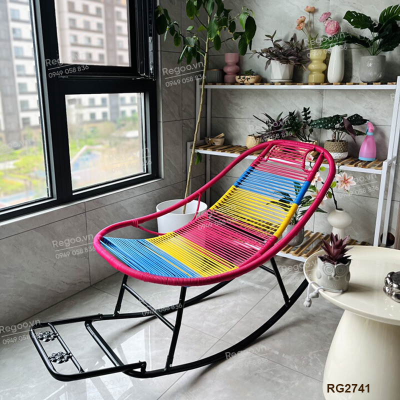 Ghế bập bênh Regoo RG2741, khung kim loại đan mây, bập bênh thư giãn 30°, ghế nằm lười ban công ngủ trưa, ghế rocking chair khung kim loại đan dây cho phòng khách sân vườn
