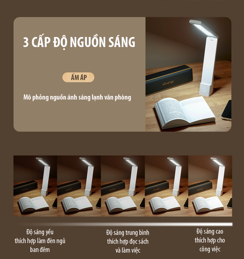 Đèn bàn LED gấp gọn Regoo RG1633, cảm ứng, 3 màu sáng, chỉnh sáng vô cấp