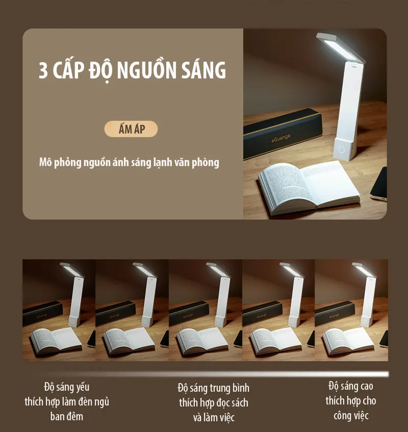Đèn bàn LED gấp gọn Regoo RG1633, cảm ứng, 3 màu sáng, chỉnh sáng vô cấp