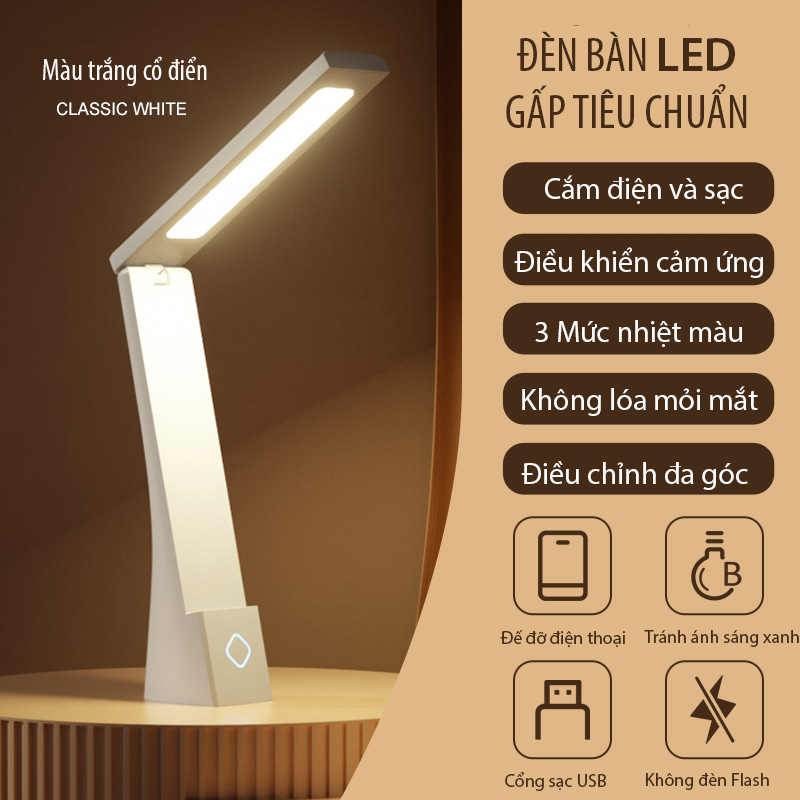 Đèn bàn LED gấp gọn Regoo RG1633, cảm ứng, 3 màu sáng, chỉnh sáng vô cấp