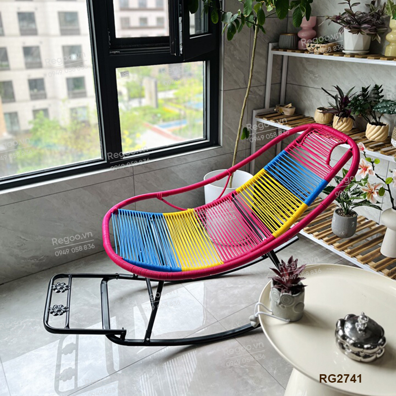 Ghế bập bênh Regoo RG2741, khung kim loại đan mây, bập bênh thư giãn 30°, ghế nằm lười ban công ngủ trưa, ghế rocking chair khung kim loại đan dây cho phòng khách sân vườn