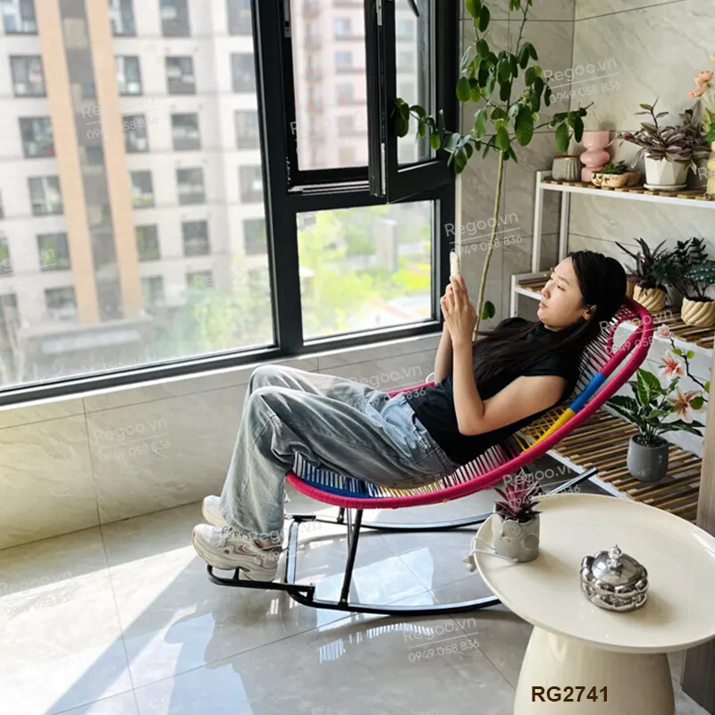 Ghế bập bênh Regoo RG2741, khung kim loại đan mây, bập bênh thư giãn 30°, ghế nằm lười ban công ngủ trưa, ghế rocking chair khung kim loại đan dây cho phòng khách sân vườn