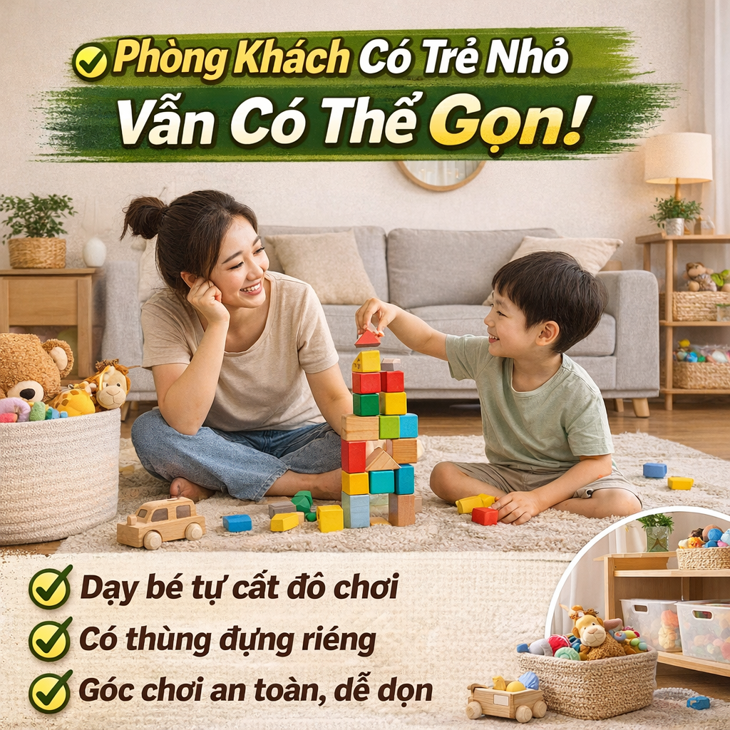 Phòng khách có trẻ nhỏ vẫn có thể gọn: 6 nguyên tắc giúp chơi xong cất nhanh, nhà đỡ rối