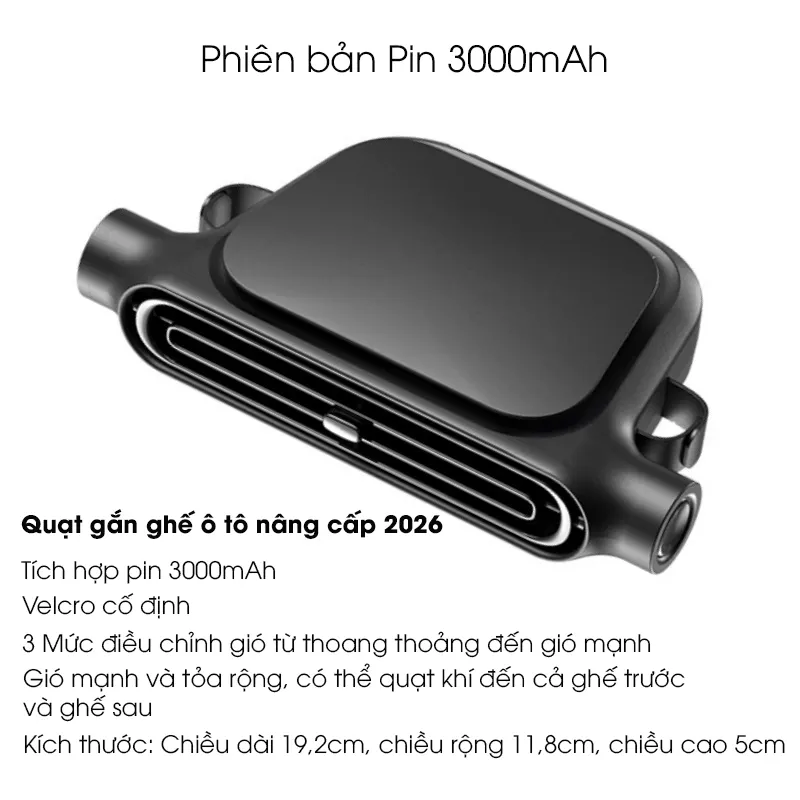 Quạt gắn ghế ô tô tích điện nâng cấp mới RG1433 2026, dùng cho ghế trước và ghế sau, có bản pin dự phòng 300mAh và bản cắm USB - Bảo hành 24 tháng