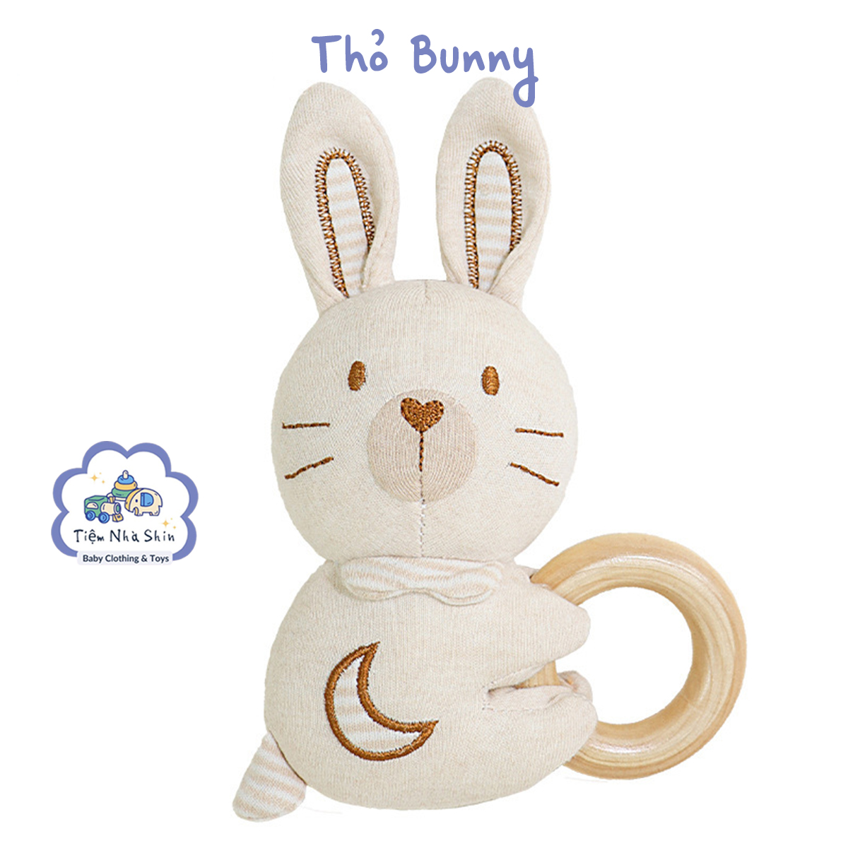 Lục lạc cầm tay Regoo cotton hữu cơ RG2049, vòng gỗ gặm nướu, xúc xắc chuông cho bé 0-3 tuổi