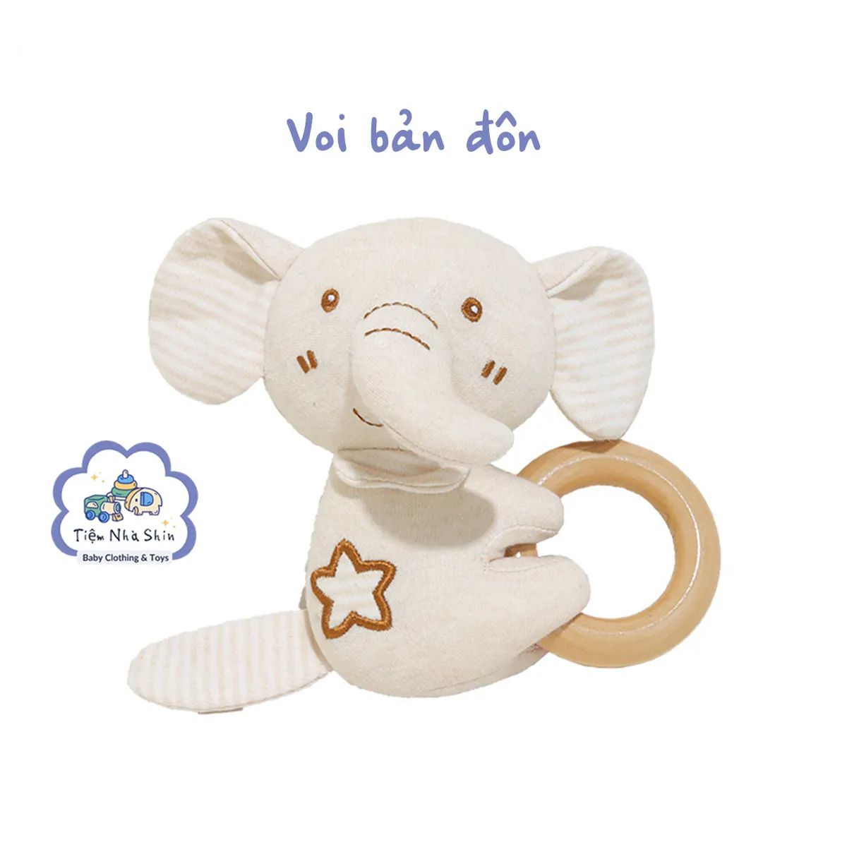 Lục lạc cầm tay Regoo cotton hữu cơ RG2049, vòng gỗ gặm nướu, xúc xắc chuông cho bé 0-3 tuổi