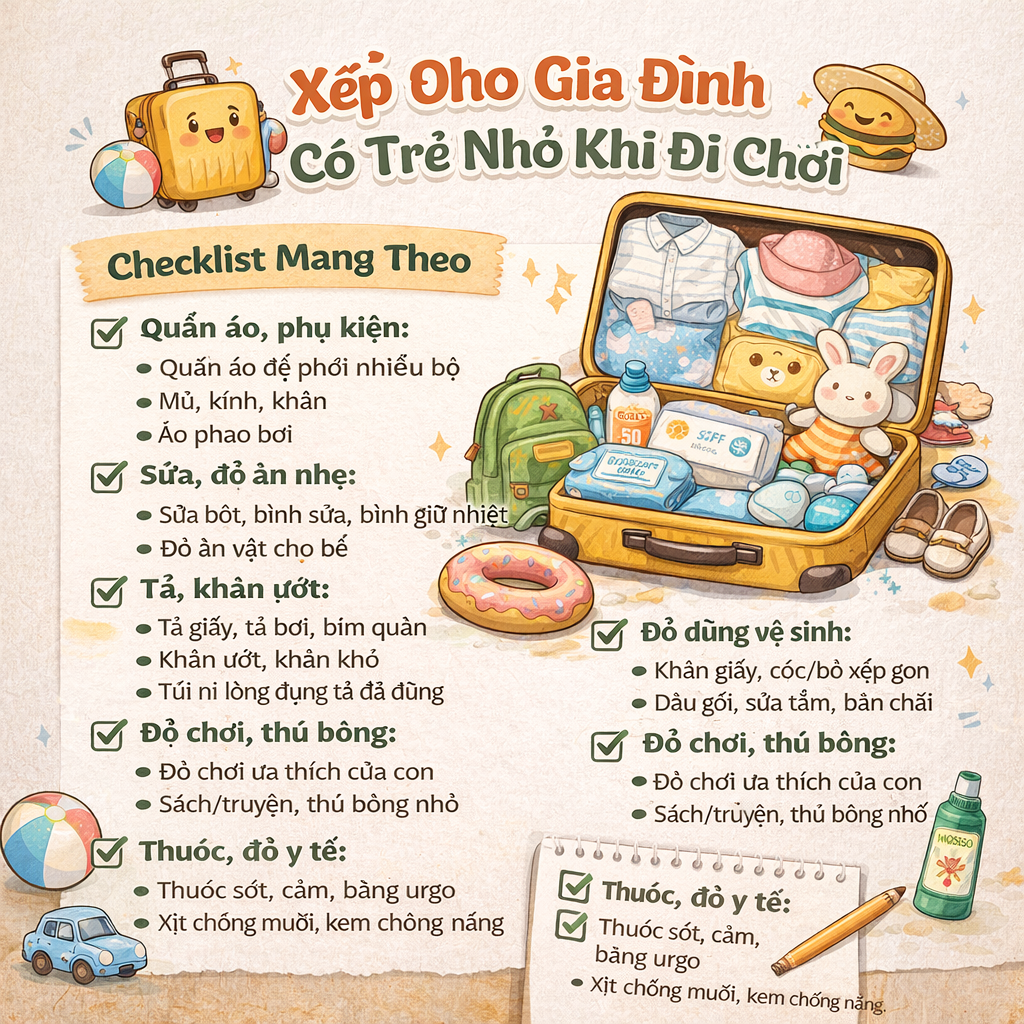 Xếp đồ cho gia đình có trẻ nhỏ khi đi chơi: checklist gọn mà vẫn đủ cho chuyến 2-3 ngày