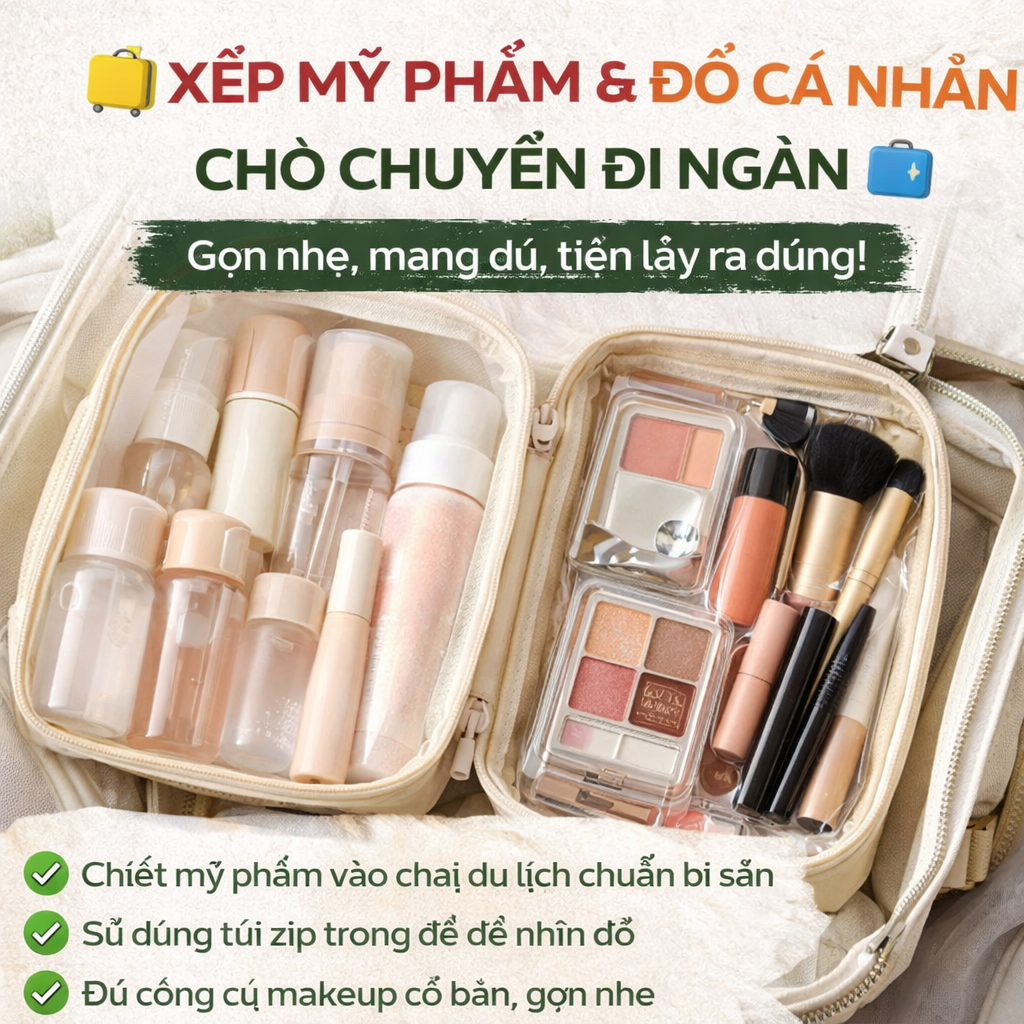 Xếp mỹ phẩm và đồ cá nhân cho chuyến đi ngắn: 9 bước để vali 20 inch gọn mà vẫn đủ